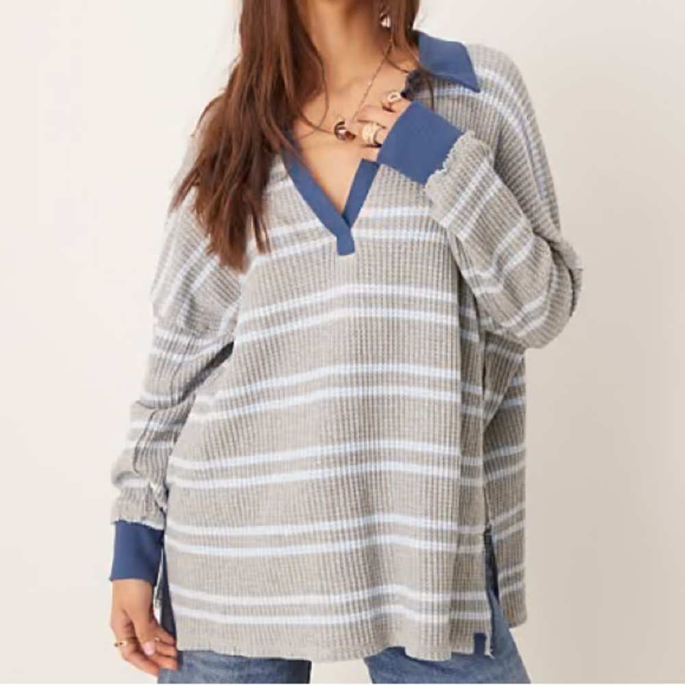 Free People We‎ The Free Striped Travis Polo Tee Heather Grey Blue Combo Striped
